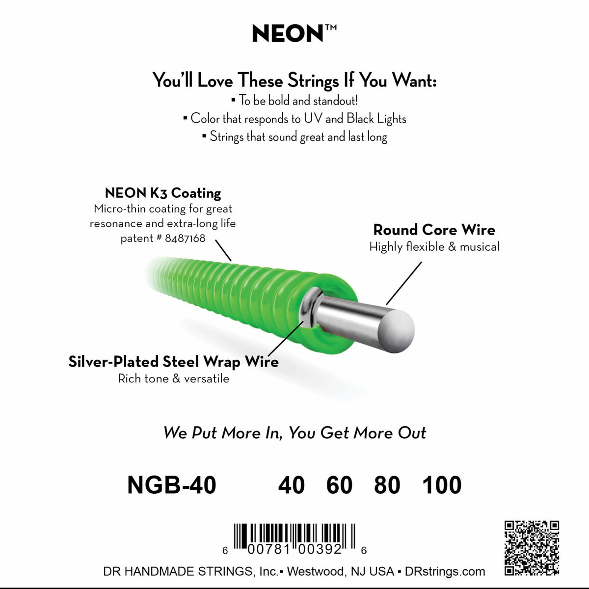 Mặt sau bao bì DR Hi-Def Neon 40-100 (ảnh màu xanh lá NGB-40): mã model, cỡ từng dây, mã vạch