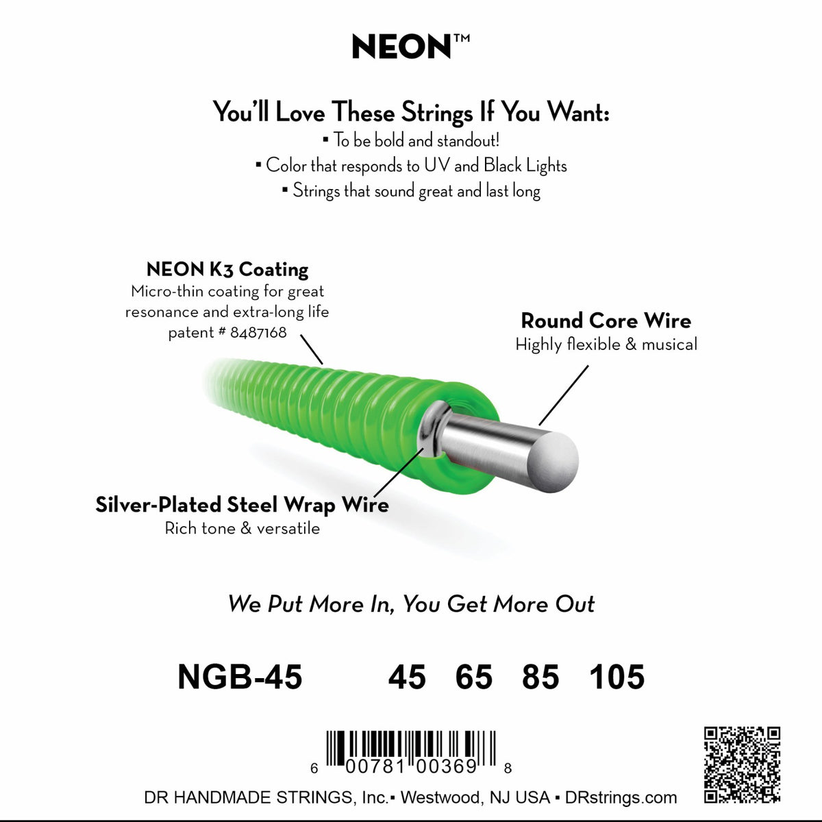 Mặt sau bao bì DR Hi-Def Neon 45-105 (ảnh màu xanh lá NGB-45): mã model, cỡ từng dây, mã vạch