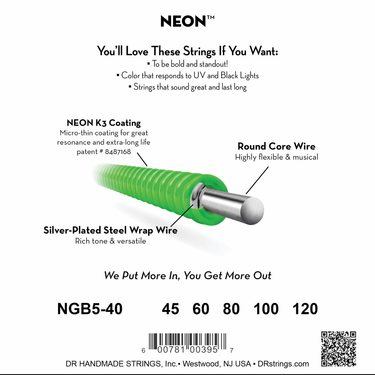 Mặt sau bao bì DR Hi-Def Neon 40-120 (ảnh màu xanh lá NGB5-40): mã model, cỡ từng dây, mã vạch