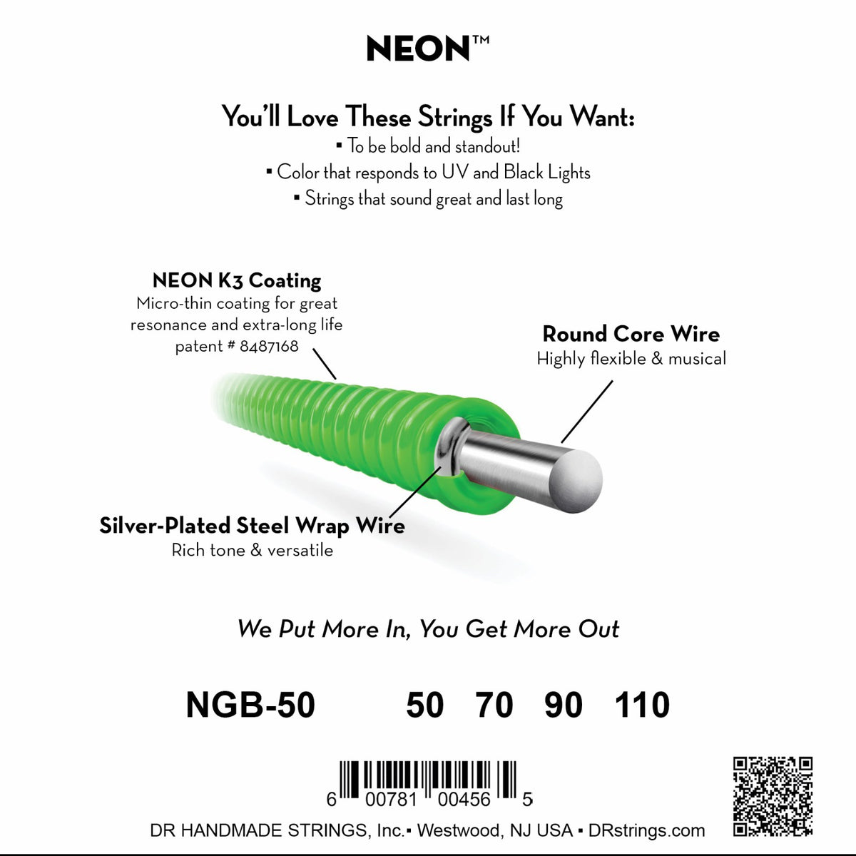 Mặt sau bao bì DR Hi-Def Neon 50-110 (ảnh màu xanh lá NGB-50): mã model, cỡ từng dây, mã vạch