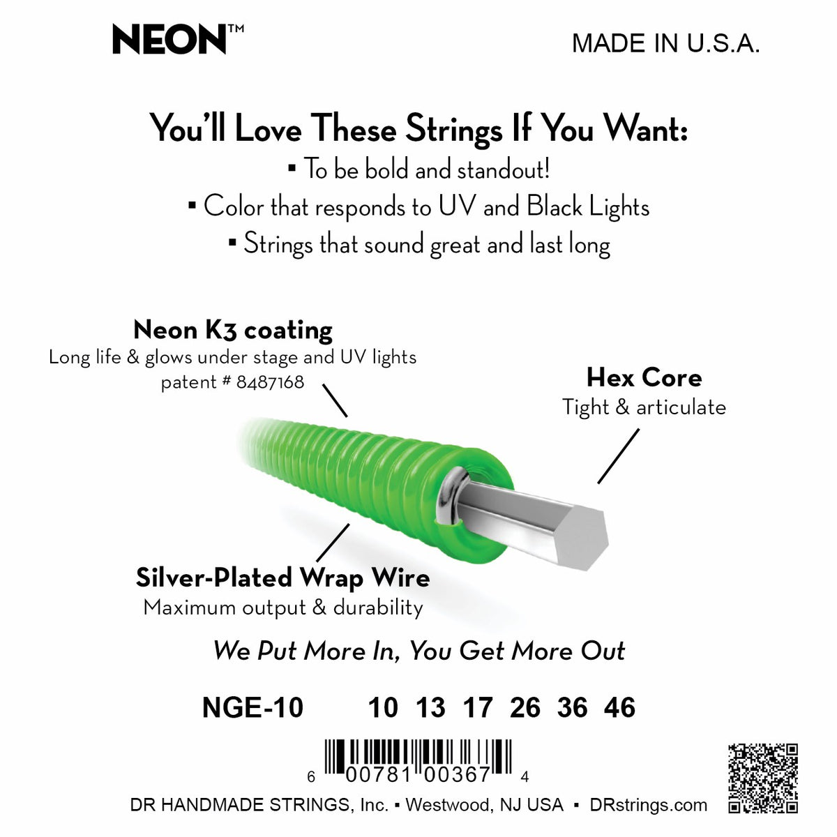 Mặt sau bao bì DR Hi-Def Neon 10-46 (ảnh màu xanh lá NGE-10): mã model, cỡ từng dây, mã vạch