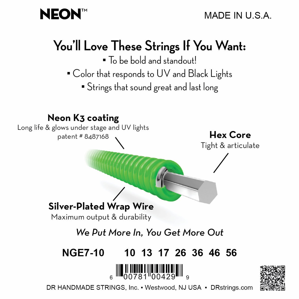 Mặt sau bao bì DR Hi-Def Neon 10-56 (ảnh màu xanh lá NGE7-10): mã model, cỡ từng dây, mã vạch