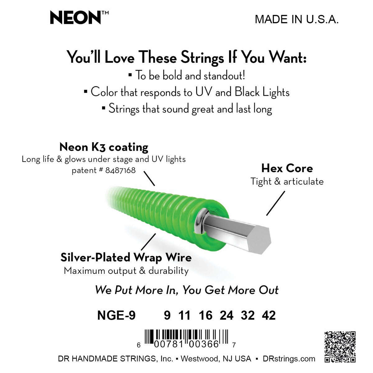 Mặt sau bao bì DR Hi-Def Neon 9-42 (ảnh màu xanh lá NGE-9): mã model, cỡ từng dây, mã vạch