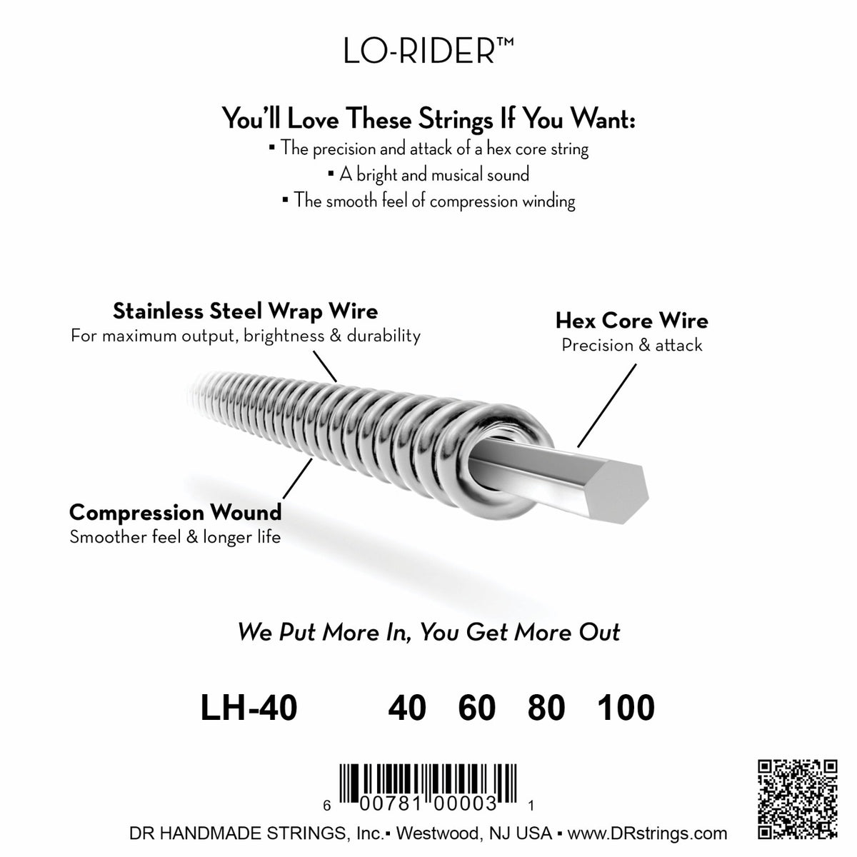 Mặt sau bao bì dây DR Lo-Rider LH-40: mã LH-40, cỡ từng dây, mã vạch, DR Handmade Strings Westwood NJ USA