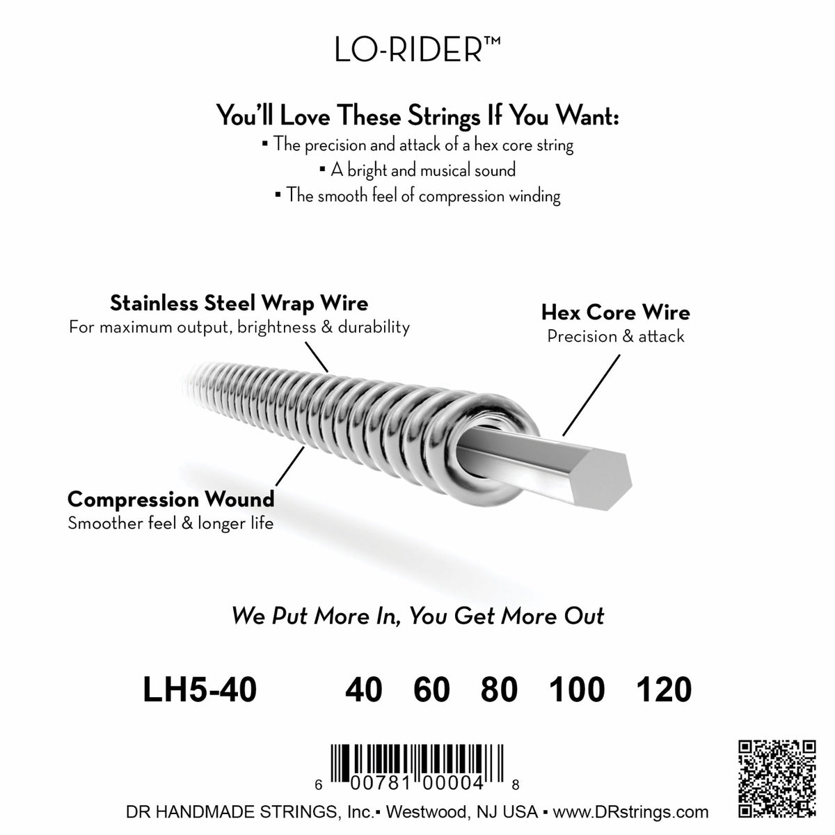 Mặt sau bao bì dây DR Lo-Rider LH5-40: mã LH5-40, cỡ từng dây, mã vạch, DR Handmade Strings Westwood NJ USA