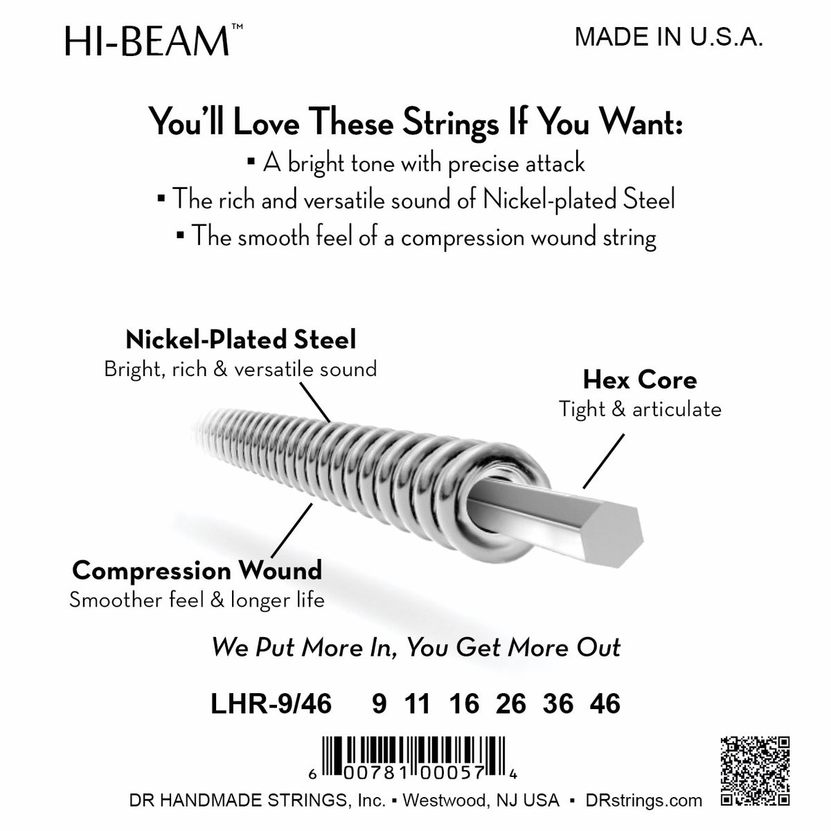 Mặt sau bao bì dây DR Hi-Beam LHR-9: mã LHR-9, cỡ từng dây, mã vạch, DR Handmade Strings Westwood NJ USA
