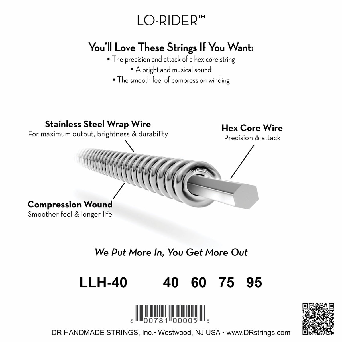 Mặt sau bao bì dây DR Lo-Rider LLH-40: mã LLH-40, cỡ từng dây, mã vạch, DR Handmade Strings Westwood NJ USA