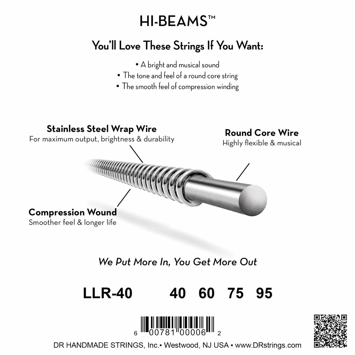 Mặt sau bao bì dây DR Hi-Beam LLR-40: mã LLR-40, cỡ từng dây, mã vạch, DR Handmade Strings Westwood NJ USA