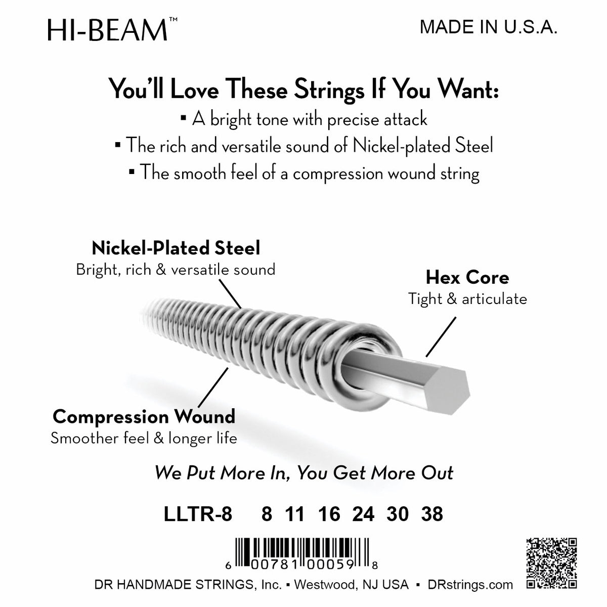Mặt sau bao bì dây DR Hi-Beam LLTR-8: mã LLTR-8, cỡ từng dây, mã vạch, DR Handmade Strings Westwood NJ USA