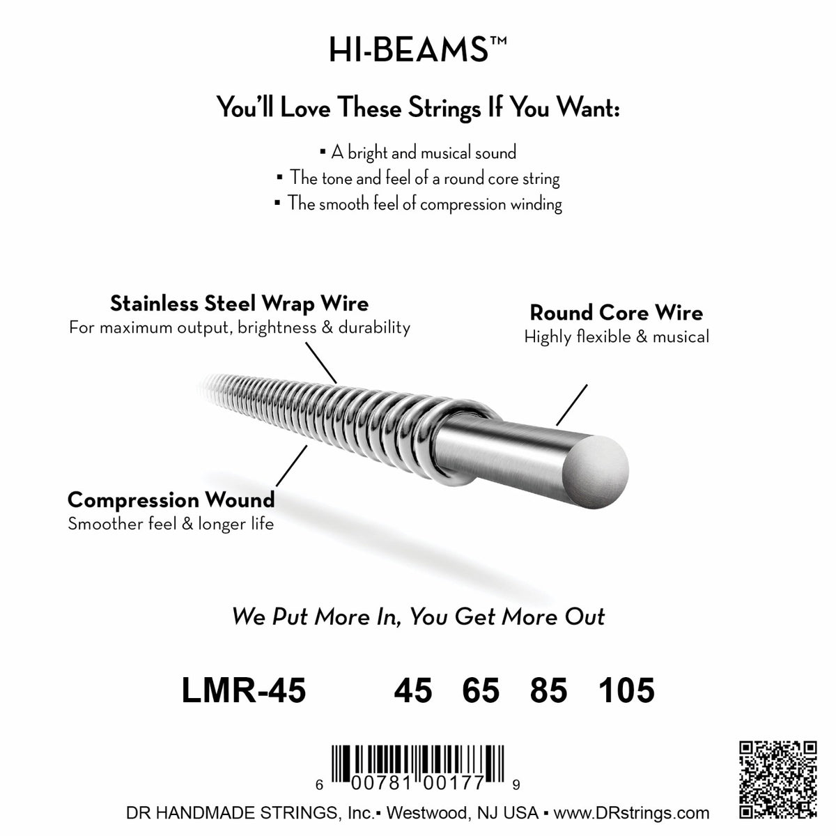 Mặt sau bao bì dây DR Hi-Beam LMR-45: mã LMR-45, cỡ từng dây, mã vạch, DR Handmade Strings Westwood NJ USA