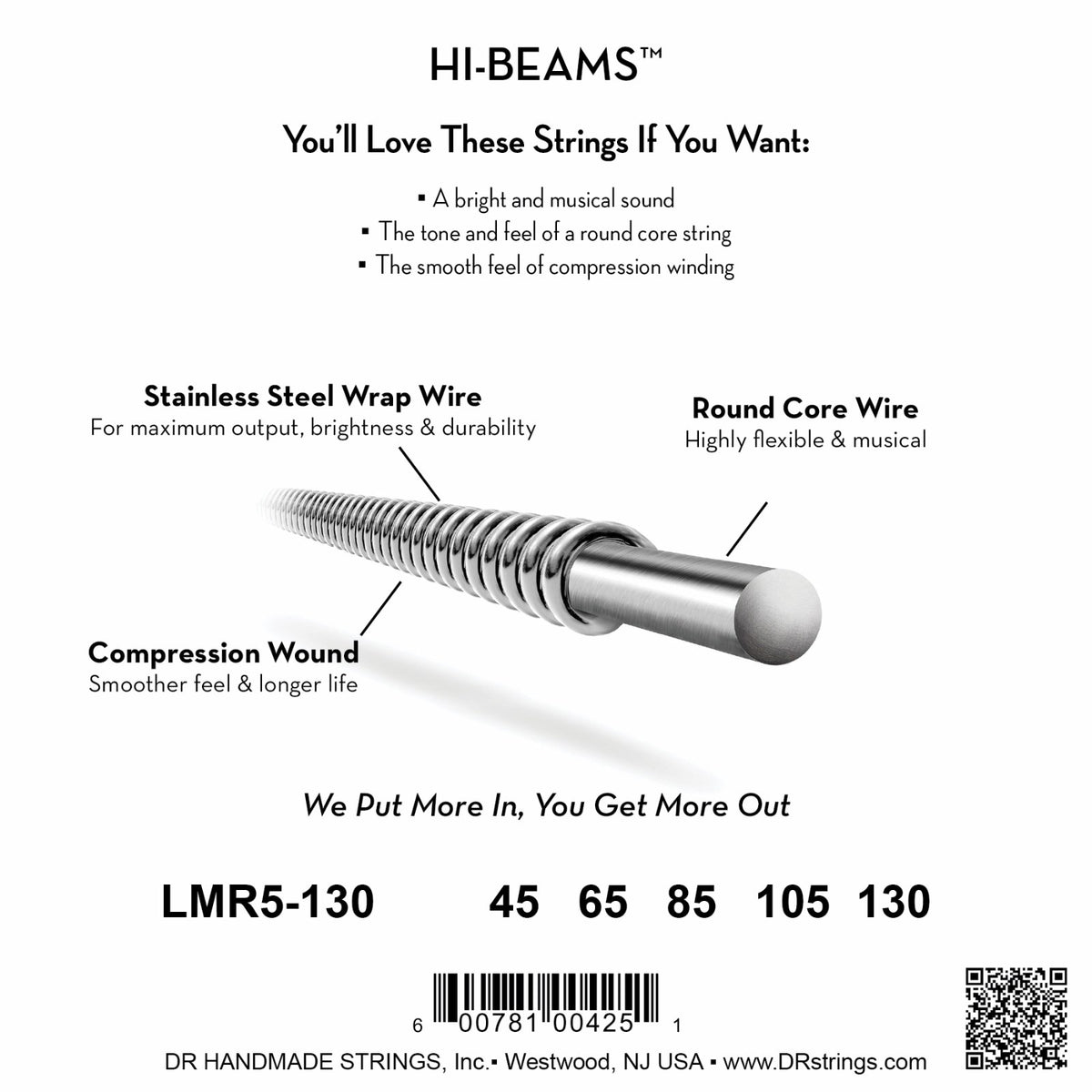 Mặt sau bao bì dây DR Hi-Beam LMR5-130: mã LMR5-130, cỡ từng dây, mã vạch, DR Handmade Strings Westwood NJ USA