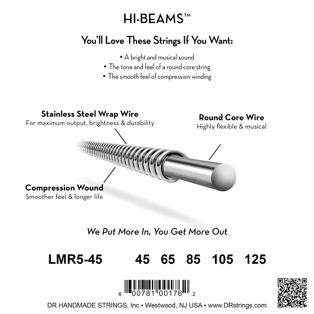 Mặt sau bao bì dây DR Hi-Beam LMR5-45: mã LMR5-45, cỡ từng dây, mã vạch, DR Handmade Strings Westwood NJ USA