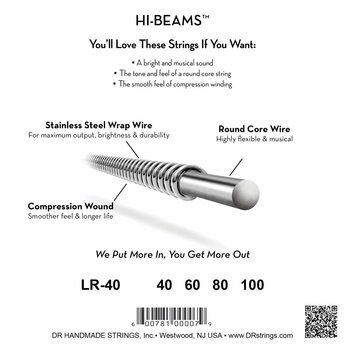Mặt sau bao bì dây DR Hi-Beam LR-40: mã LR-40, cỡ từng dây, mã vạch, DR Handmade Strings Westwood NJ USA