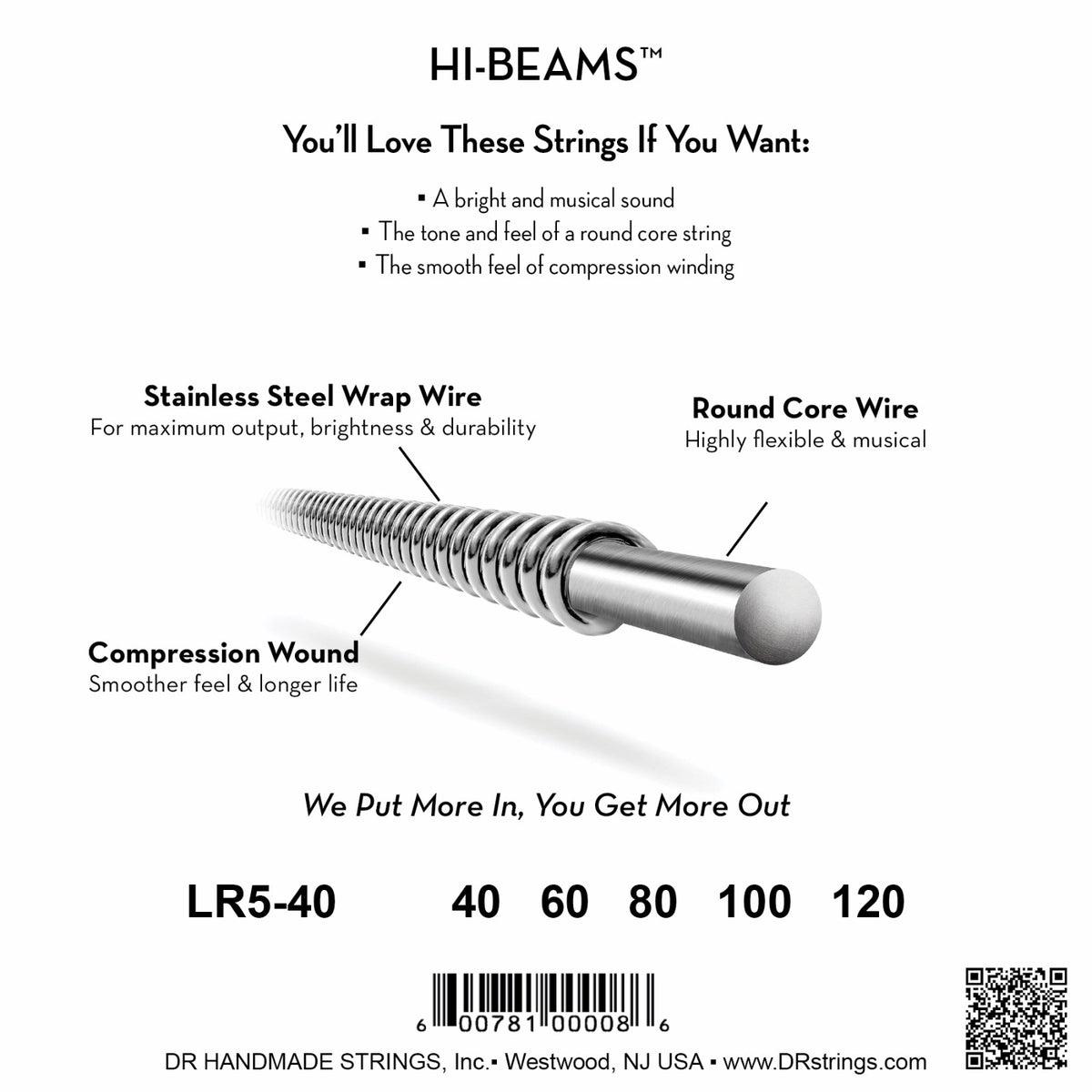 Mặt sau bao bì dây DR Hi-Beam LR5-40: mã LR5-40, cỡ từng dây, mã vạch, DR Handmade Strings Westwood NJ USA