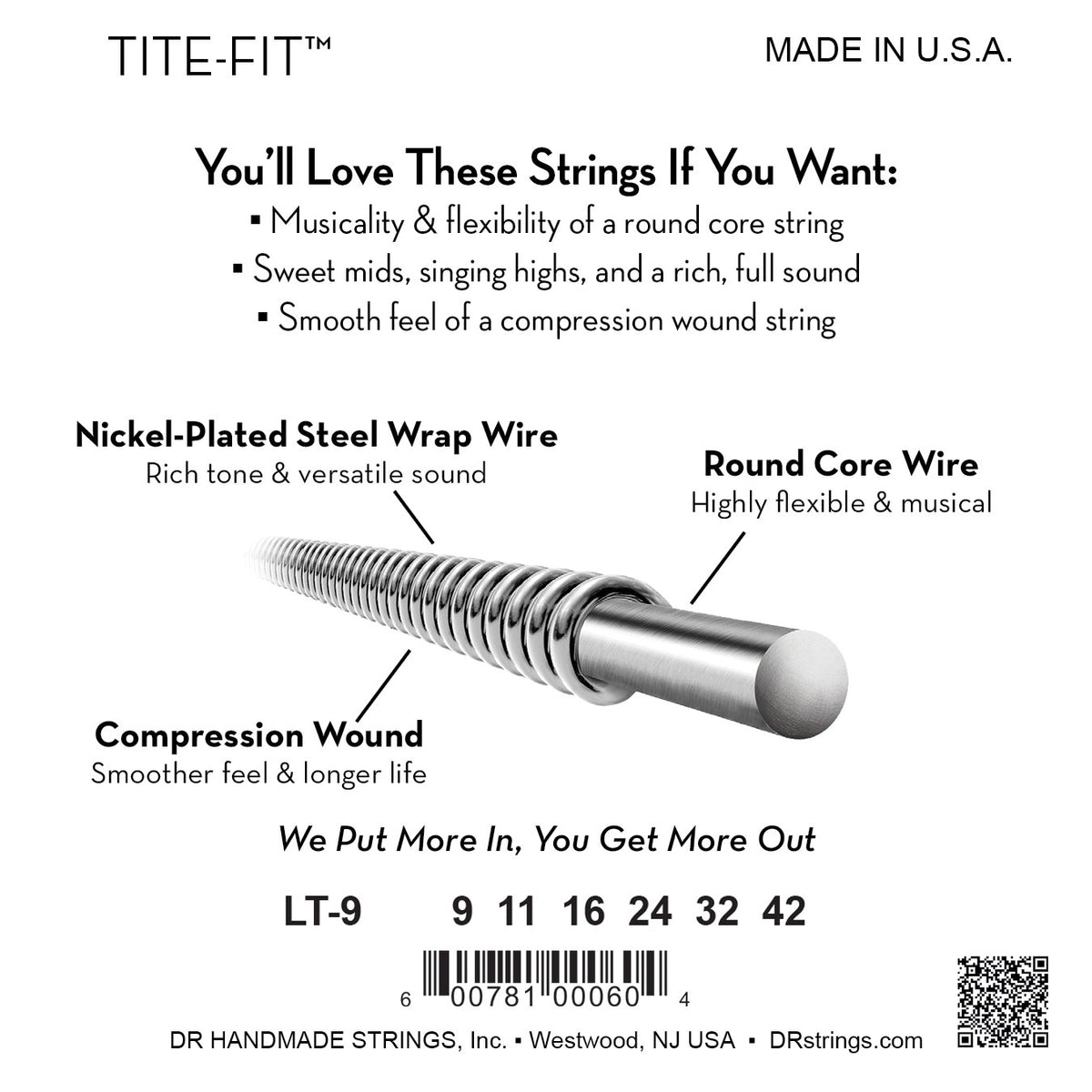 Mặt sau bao bì dây DR Tite-Fit LT-9: mã LT-9, cỡ từng dây, mã vạch, DR Handmade Strings Westwood NJ USA