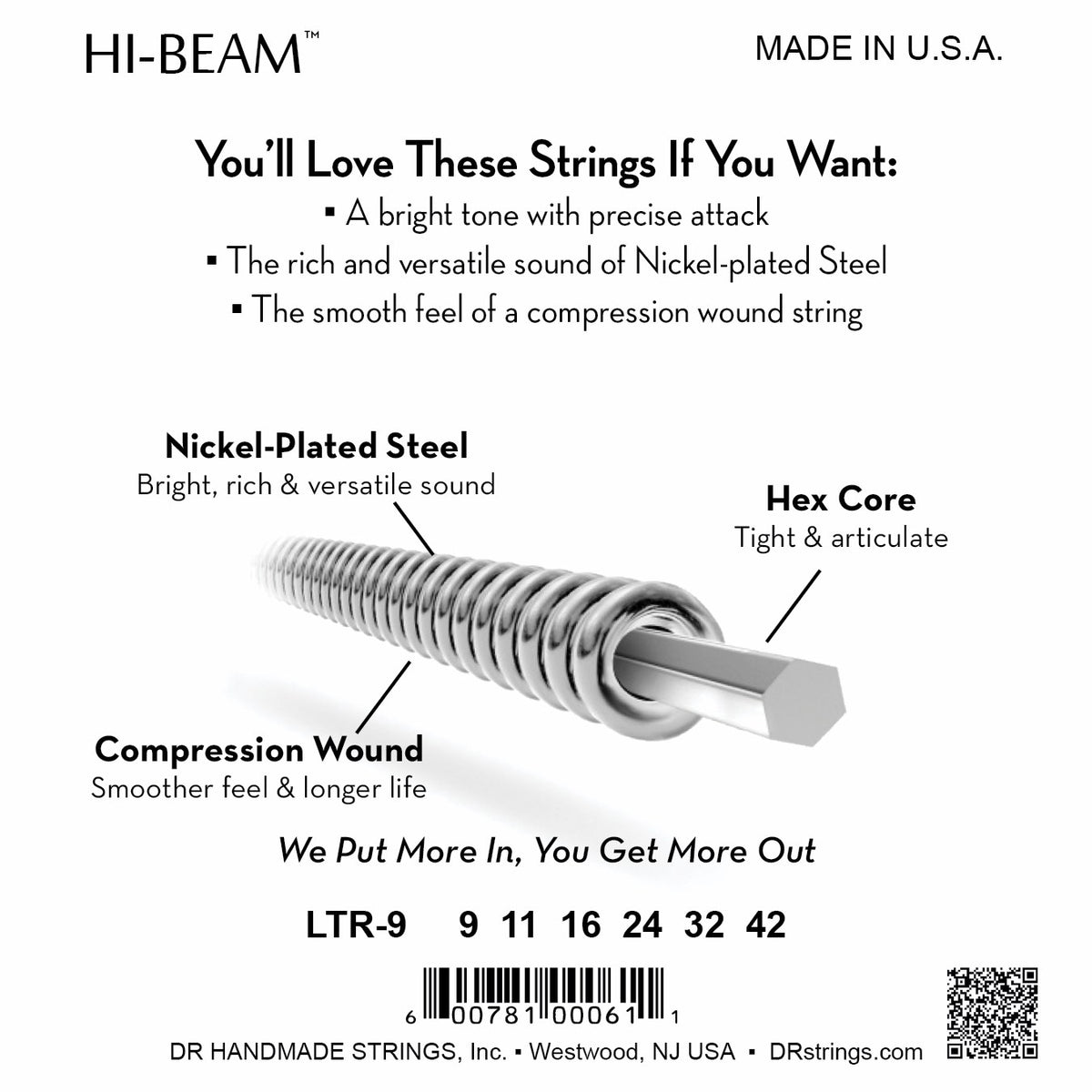 Mặt sau bao bì dây DR Hi-Beam LTR-9: mã LTR-9, cỡ từng dây, mã vạch, DR Handmade Strings Westwood NJ USA