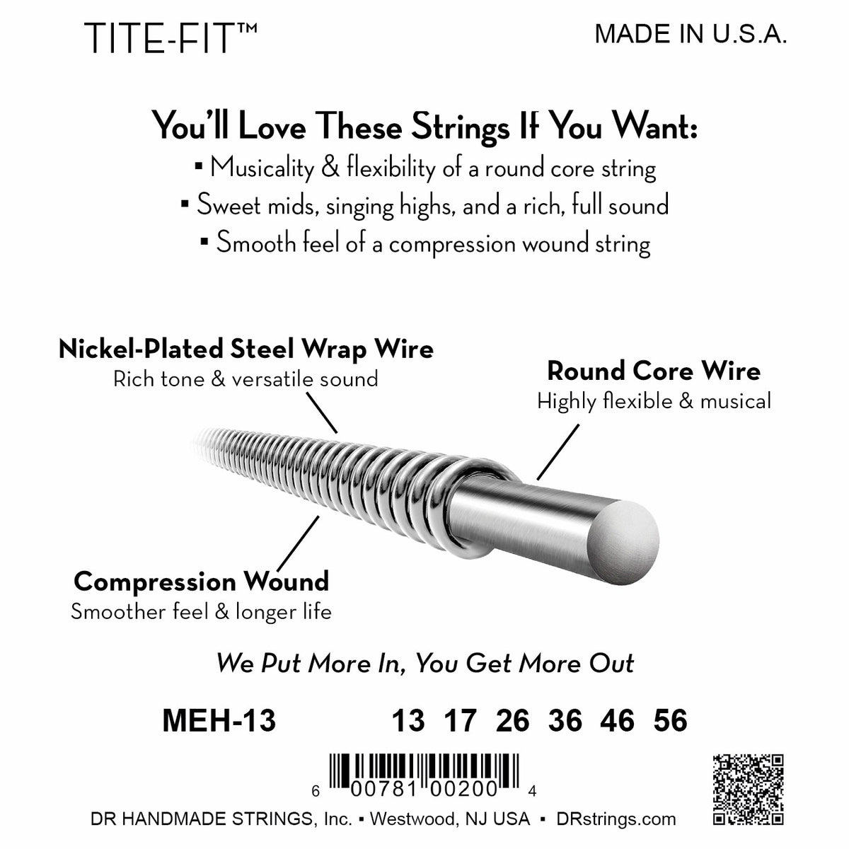 Mặt sau bao bì dây DR Tite-Fit MEH-13: mã MEH-13, cỡ từng dây, mã vạch, DR Handmade Strings Westwood NJ USA