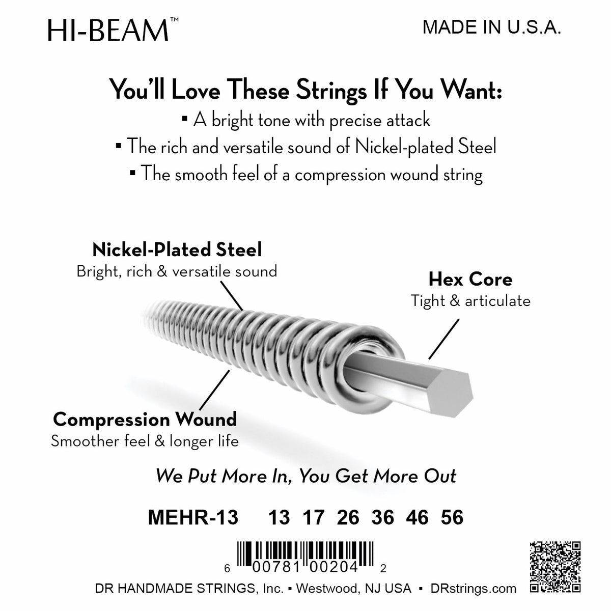 Mặt sau bao bì dây DR Hi-Beam MEHR-13: mã MEHR-13, cỡ từng dây, mã vạch, DR Handmade Strings Westwood NJ USA