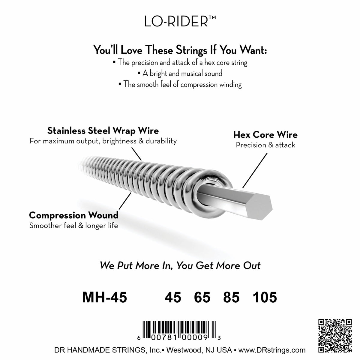 Mặt sau bao bì dây DR Lo-Rider MH-45: mã MH-45, cỡ từng dây, mã vạch, DR Handmade Strings Westwood NJ USA