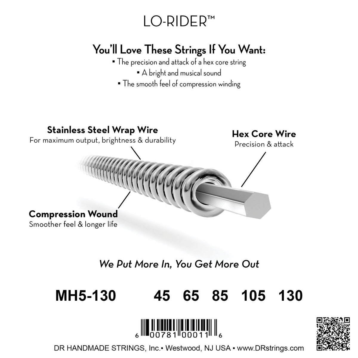 Mặt sau bao bì dây DR Lo-Rider MH5-130: mã MH5-130, cỡ từng dây, mã vạch, DR Handmade Strings Westwood NJ USA