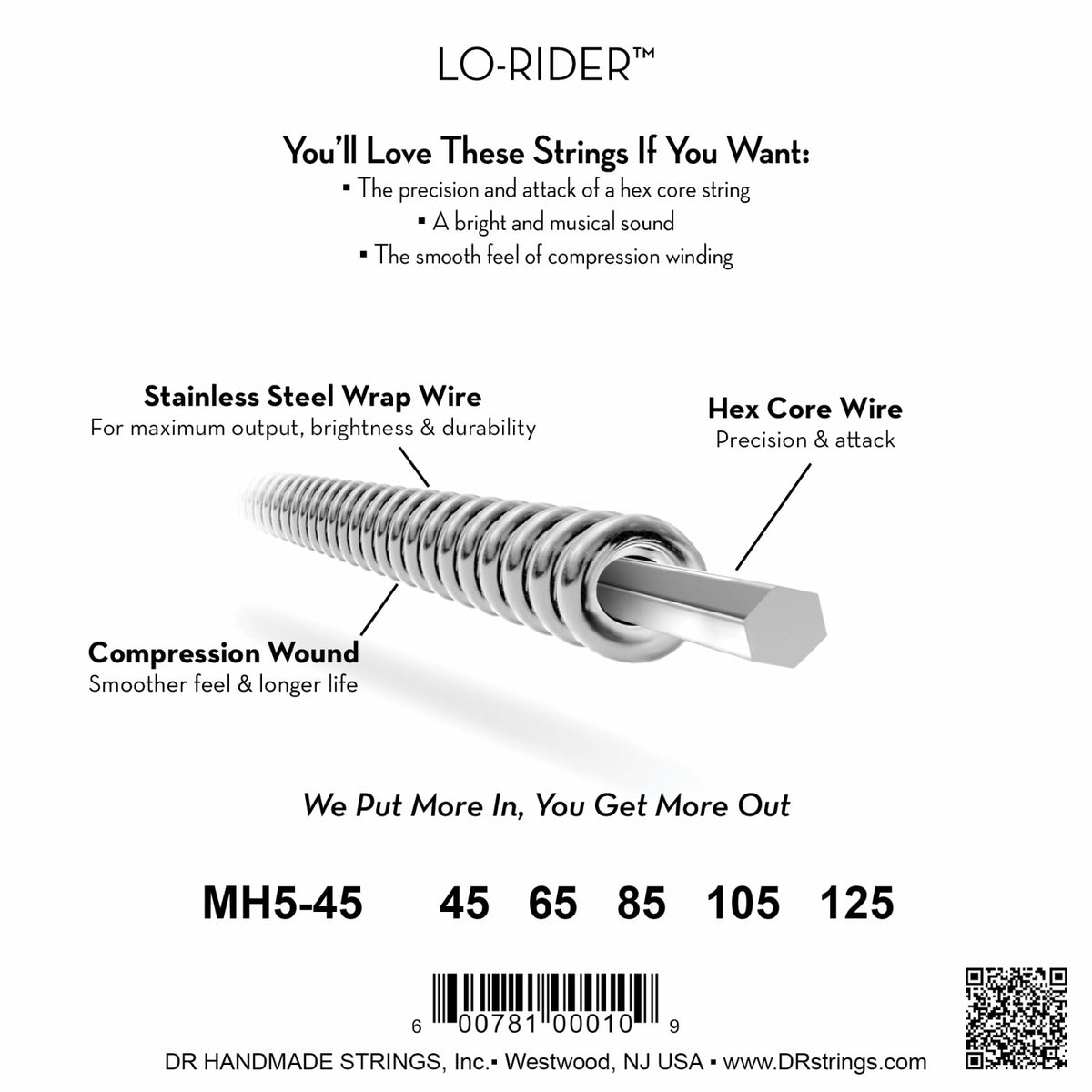 Mặt sau bao bì dây DR Lo-Rider MH5-45: mã MH5-45, cỡ từng dây, mã vạch, DR Handmade Strings Westwood NJ USA