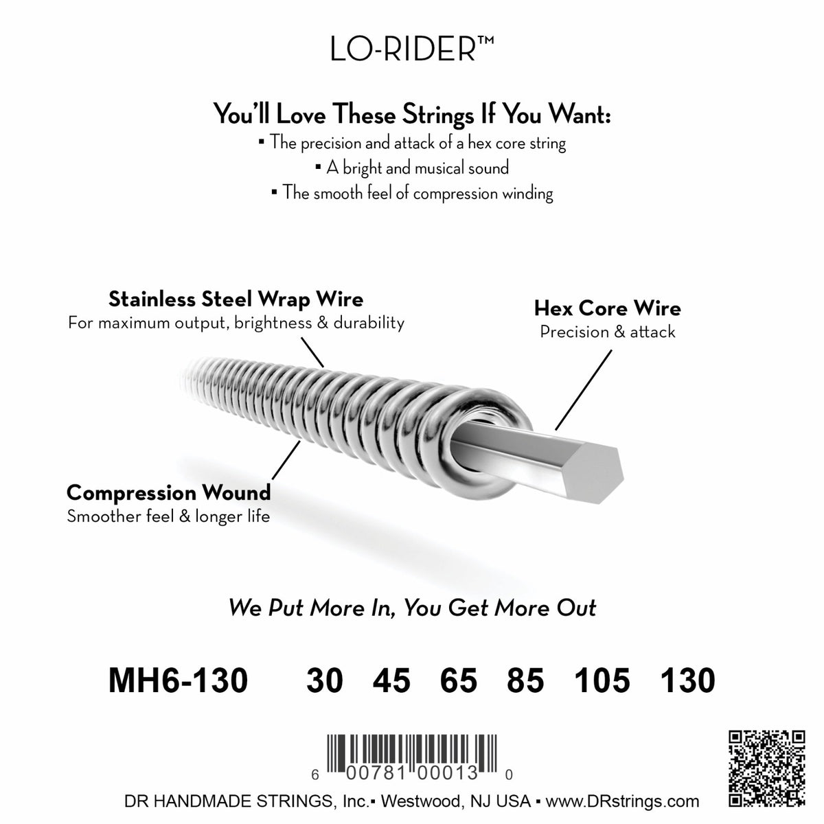 Mặt sau bao bì dây DR Lo-Rider MH6-130: mã MH6-130, cỡ từng dây, mã vạch, DR Handmade Strings Westwood NJ USA