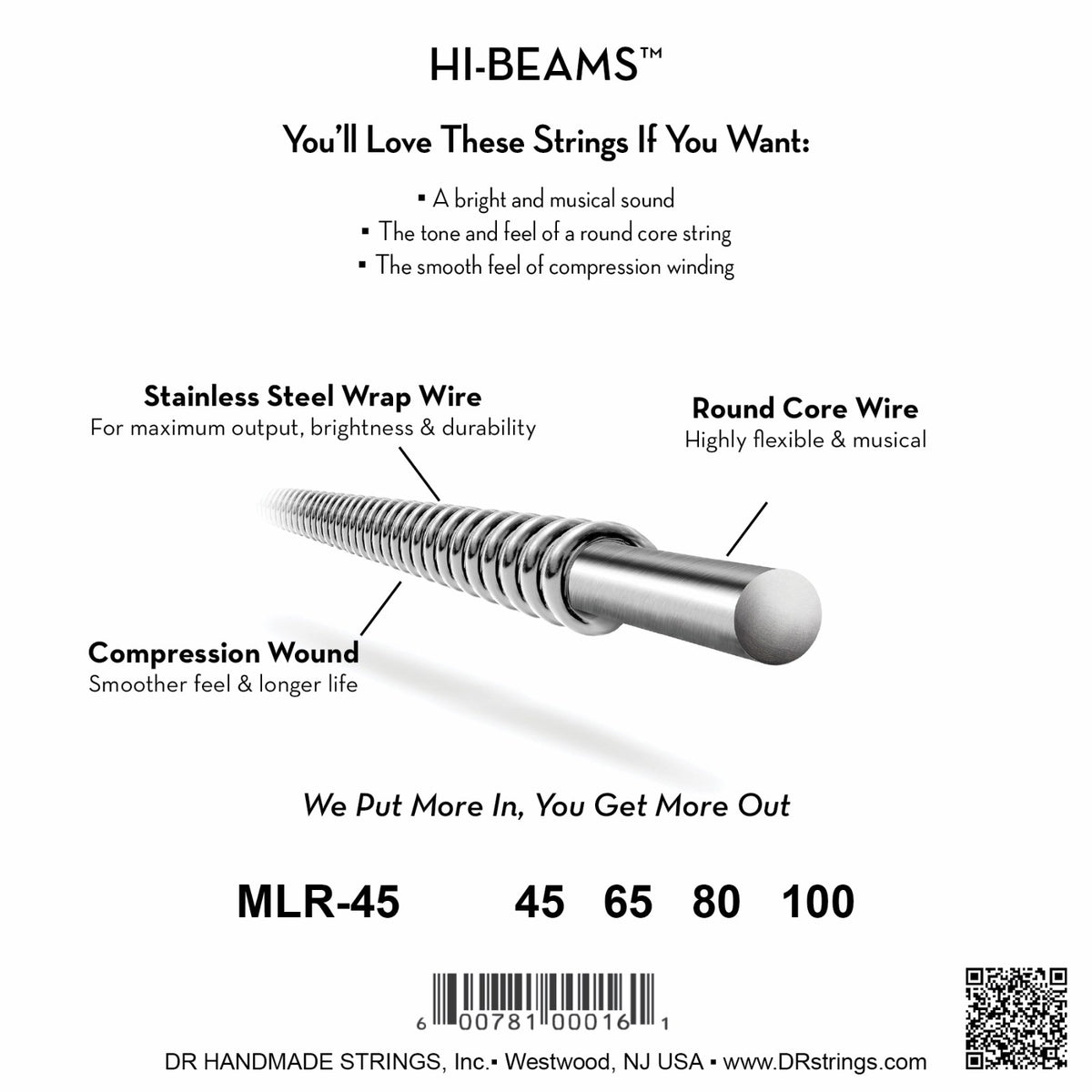 Mặt sau bao bì dây DR Hi-Beam MLR-45: mã MLR-45, cỡ từng dây, mã vạch, DR Handmade Strings Westwood NJ USA