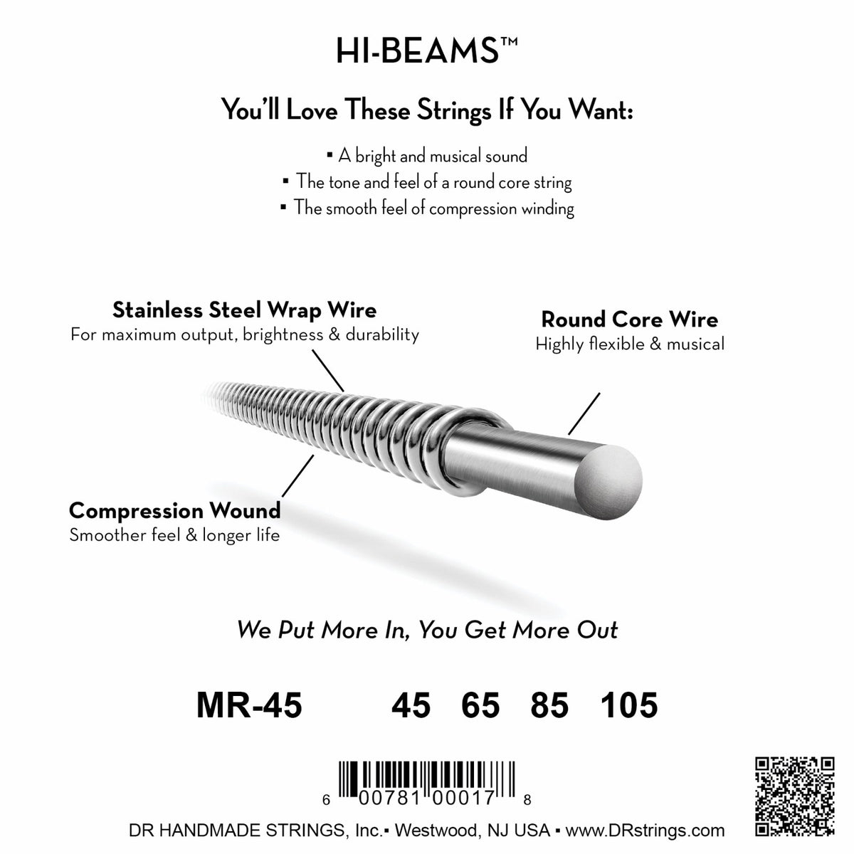 Mặt sau bao bì dây DR Hi-Beam MR-45: mã MR-45, cỡ từng dây, mã vạch, DR Handmade Strings Westwood NJ USA