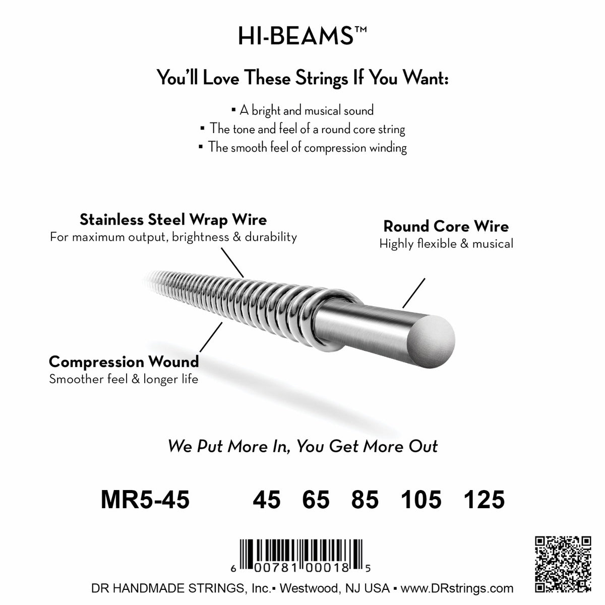 Mặt sau bao bì dây DR Hi-Beam MR5-45: mã MR5-45, cỡ từng dây, mã vạch, DR Handmade Strings Westwood NJ USA