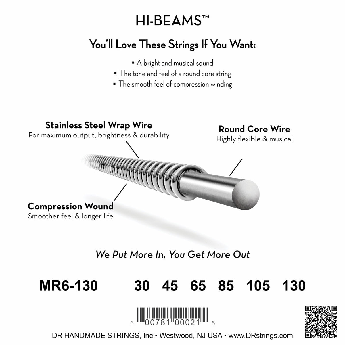 Mặt sau bao bì dây DR Hi-Beam MR6-130: mã MR6-130, cỡ từng dây, mã vạch, DR Handmade Strings Westwood NJ USA