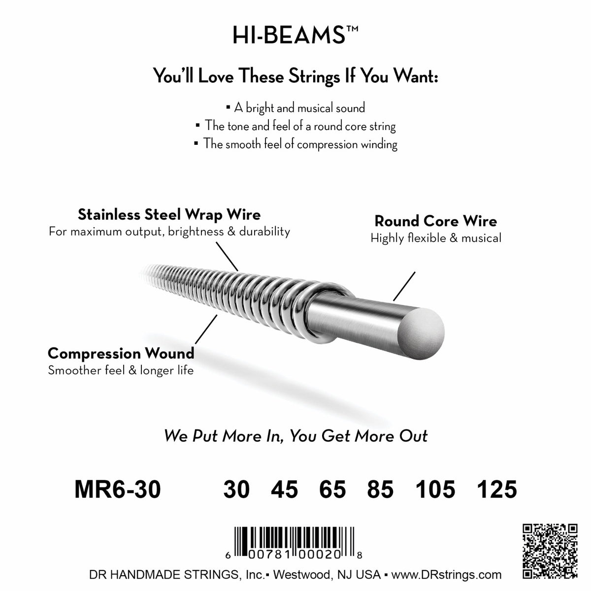 Mặt sau bao bì dây DR Hi-Beam MR6-30: mã MR6-30, cỡ từng dây, mã vạch, DR Handmade Strings Westwood NJ USA