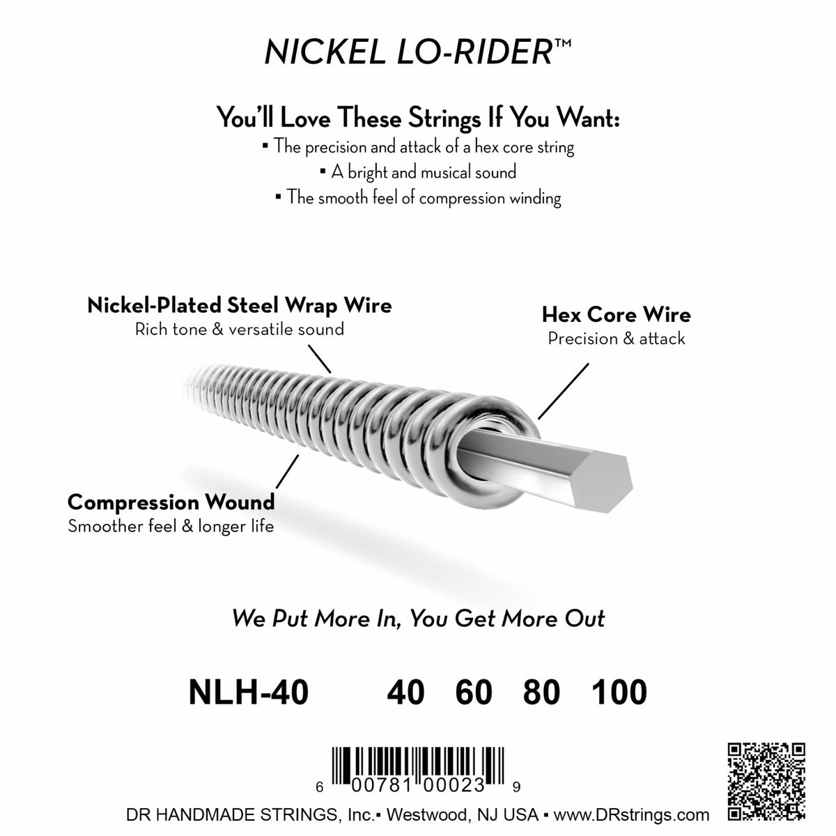 Mặt sau bao bì dây DR Nickel Lo-Rider NLH-40: mã NLH-40, cỡ từng dây, mã vạch, DR Handmade Strings Westwood NJ USA