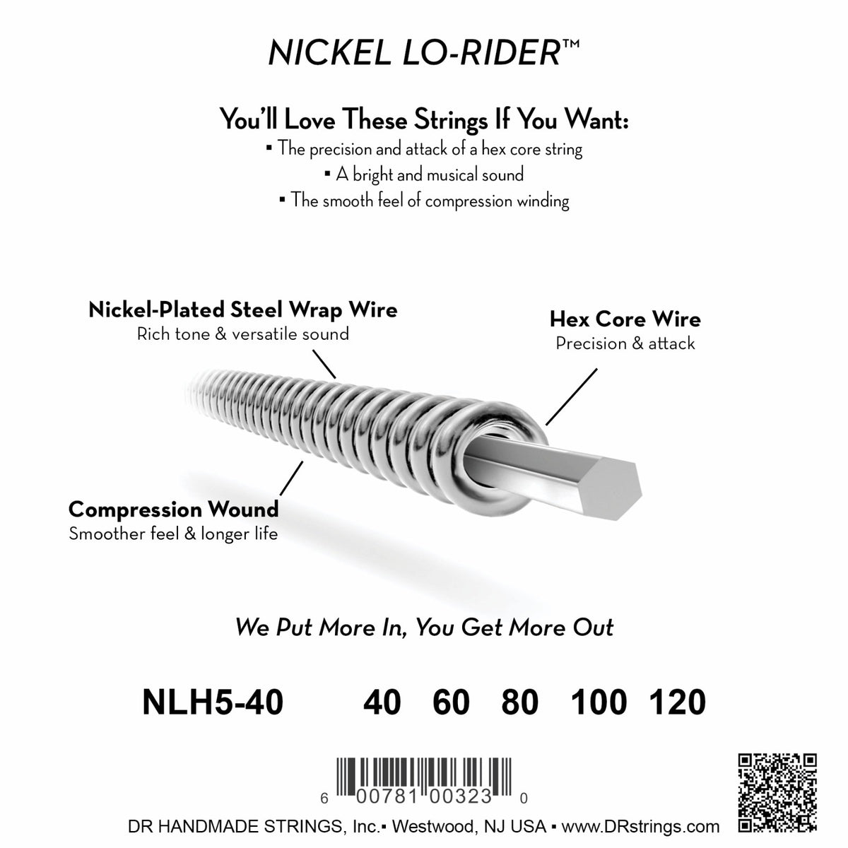 Mặt sau bao bì dây DR Nickel Lo-Rider NLH5-40: mã NLH5-40, cỡ từng dây, mã vạch, DR Handmade Strings Westwood NJ USA