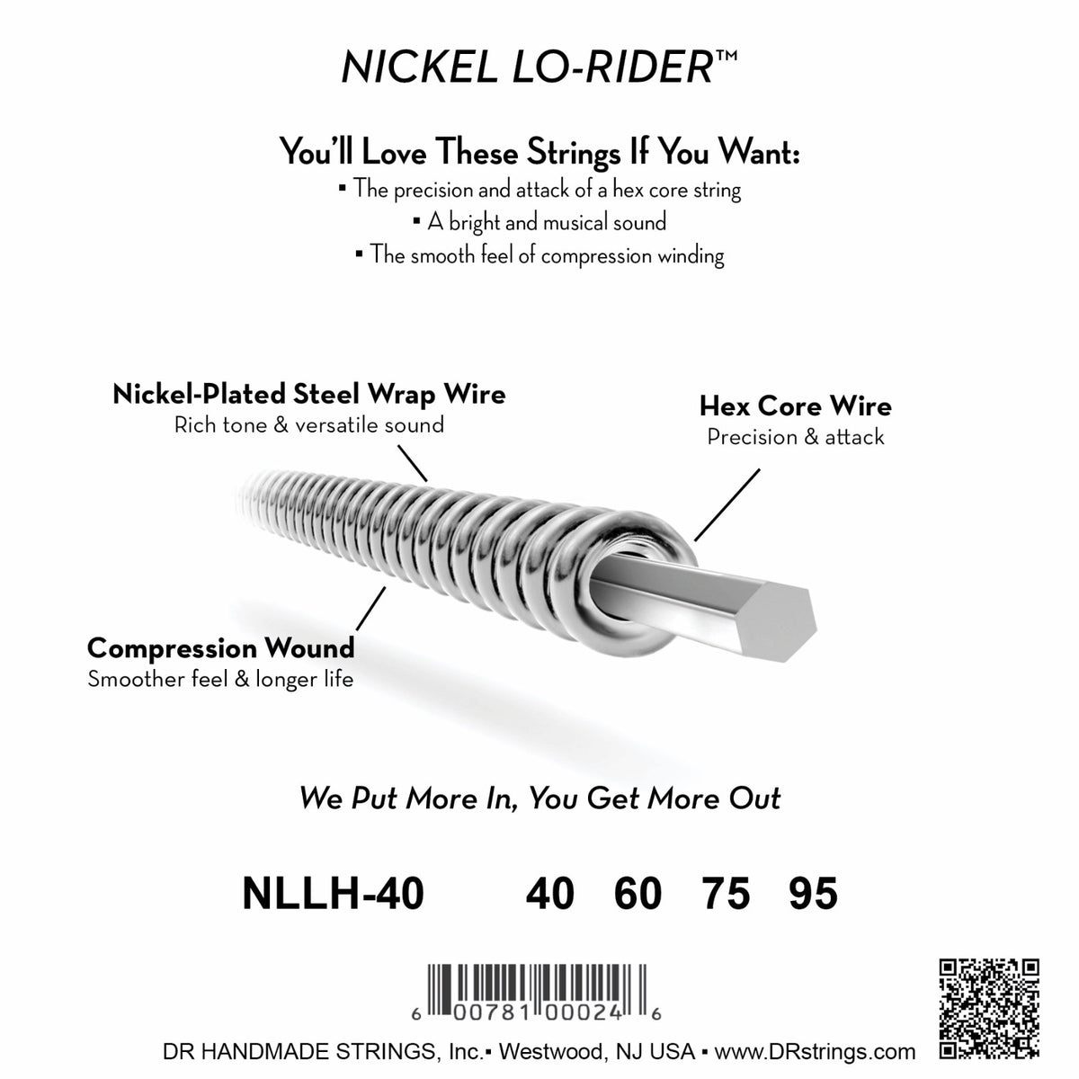 Mặt sau bao bì dây DR Nickel Lo-Rider NLLH-40: mã NLLH-40, cỡ từng dây, mã vạch, DR Handmade Strings Westwood NJ USA