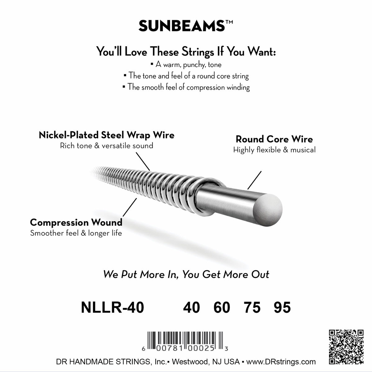Mặt sau bao bì dây DR Sunbeam NLLR-40: mã NLLR-40, cỡ từng dây, mã vạch, DR Handmade Strings Westwood NJ USA