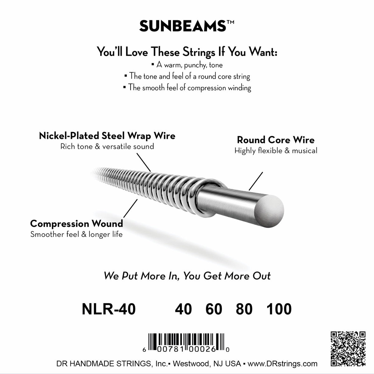 Mặt sau bao bì dây DR Sunbeam NLR-40: mã NLR-40, cỡ từng dây, mã vạch, DR Handmade Strings Westwood NJ USA
