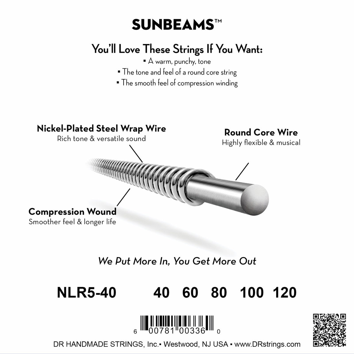 Mặt sau bao bì dây DR Sunbeam NLR5-40: mã NLR5-40, cỡ từng dây, mã vạch, DR Handmade Strings Westwood NJ USA