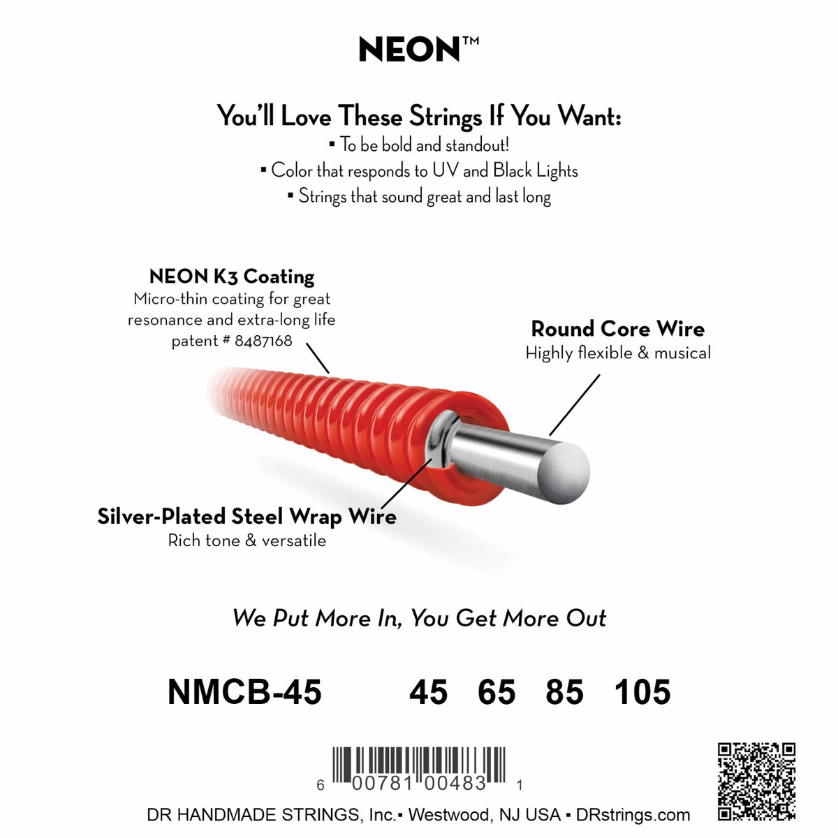 Mặt sau bao bì dây DR Hi-Def Neon NMCB-45: mã NMCB-45, cỡ từng dây, mã vạch, DR Handmade Strings Westwood NJ USA