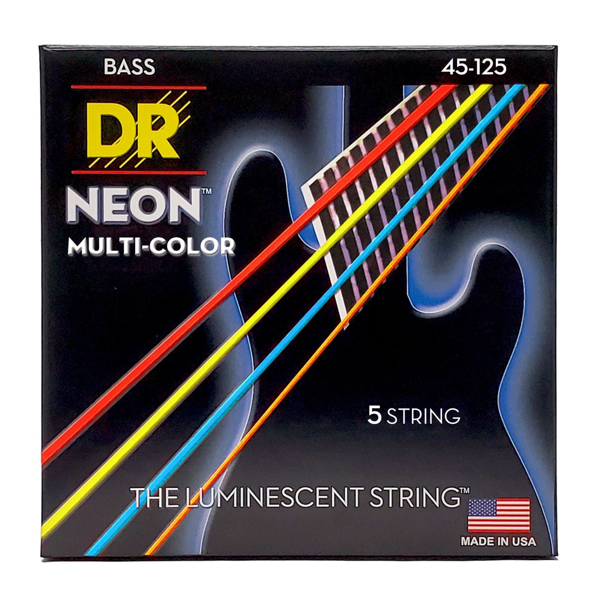 Dây DR Hi-Def Neon NMCB5-45 45-125 Medium 5-String – bao bì mặt trước, in MADE IN USA