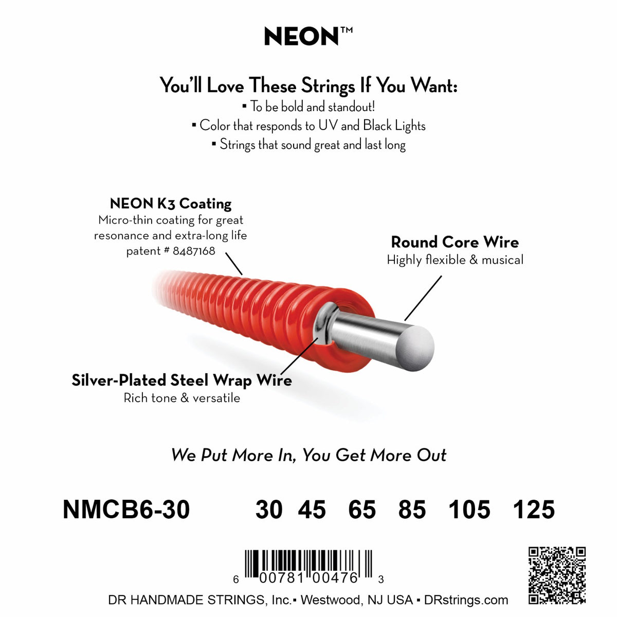 Mặt sau bao bì dây DR Hi-Def Neon NMCB6-30: mã NMCB6-30, cỡ từng dây, mã vạch, DR Handmade Strings Westwood NJ USA