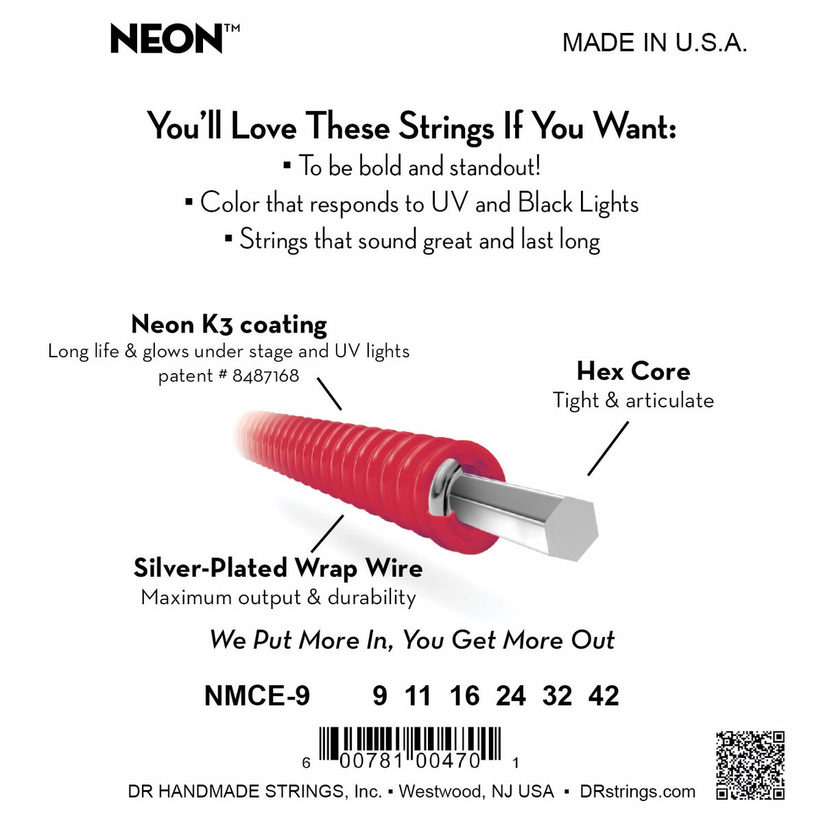 Mặt sau bao bì dây DR Hi-Def Neon NMCE-9: mã NMCE-9, cỡ từng dây, mã vạch, DR Handmade Strings Westwood NJ USA