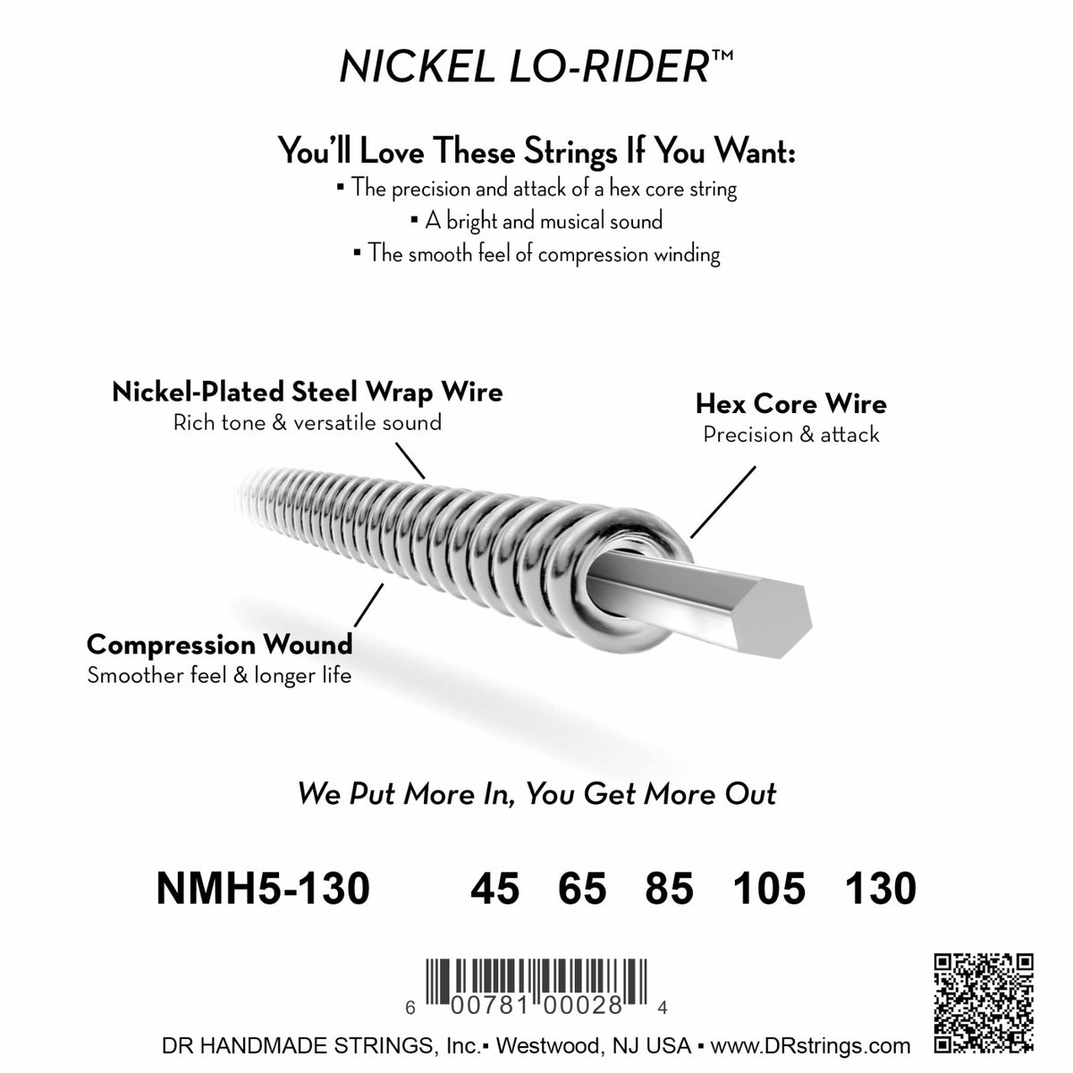 Mặt sau bao bì dây DR Nickel Lo-Rider NMH5-130: mã NMH5-130, cỡ từng dây, mã vạch, DR Handmade Strings Westwood NJ USA