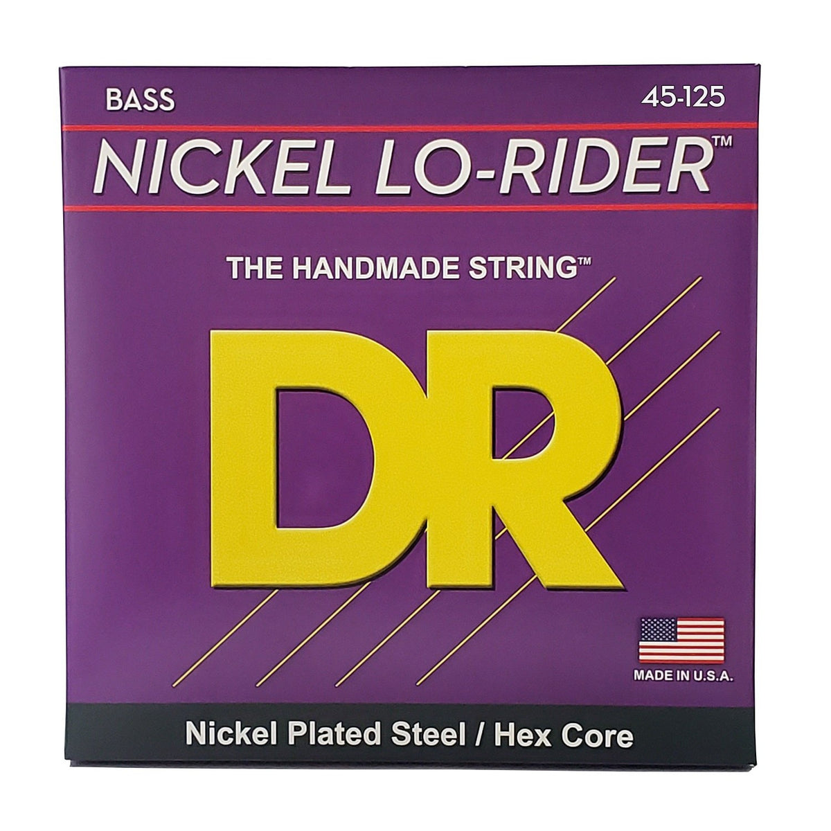 Dây DR Nickel Lo-Rider NMH5-45 45-125 Medium 5-String – bao bì mặt trước, in MADE IN USA