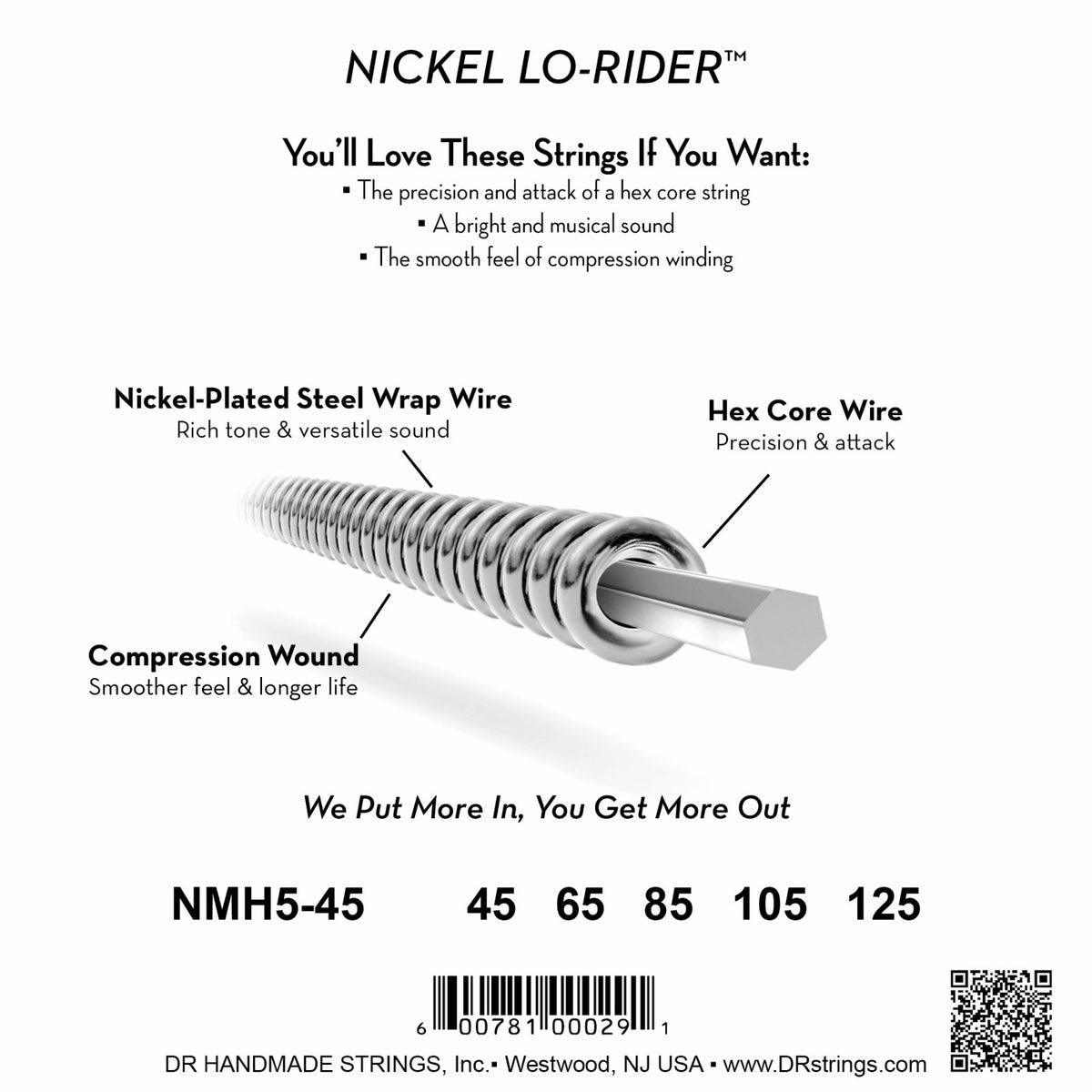 Mặt sau bao bì dây DR Nickel Lo-Rider NMH5-45: mã NMH5-45, cỡ từng dây, mã vạch, DR Handmade Strings Westwood NJ USA