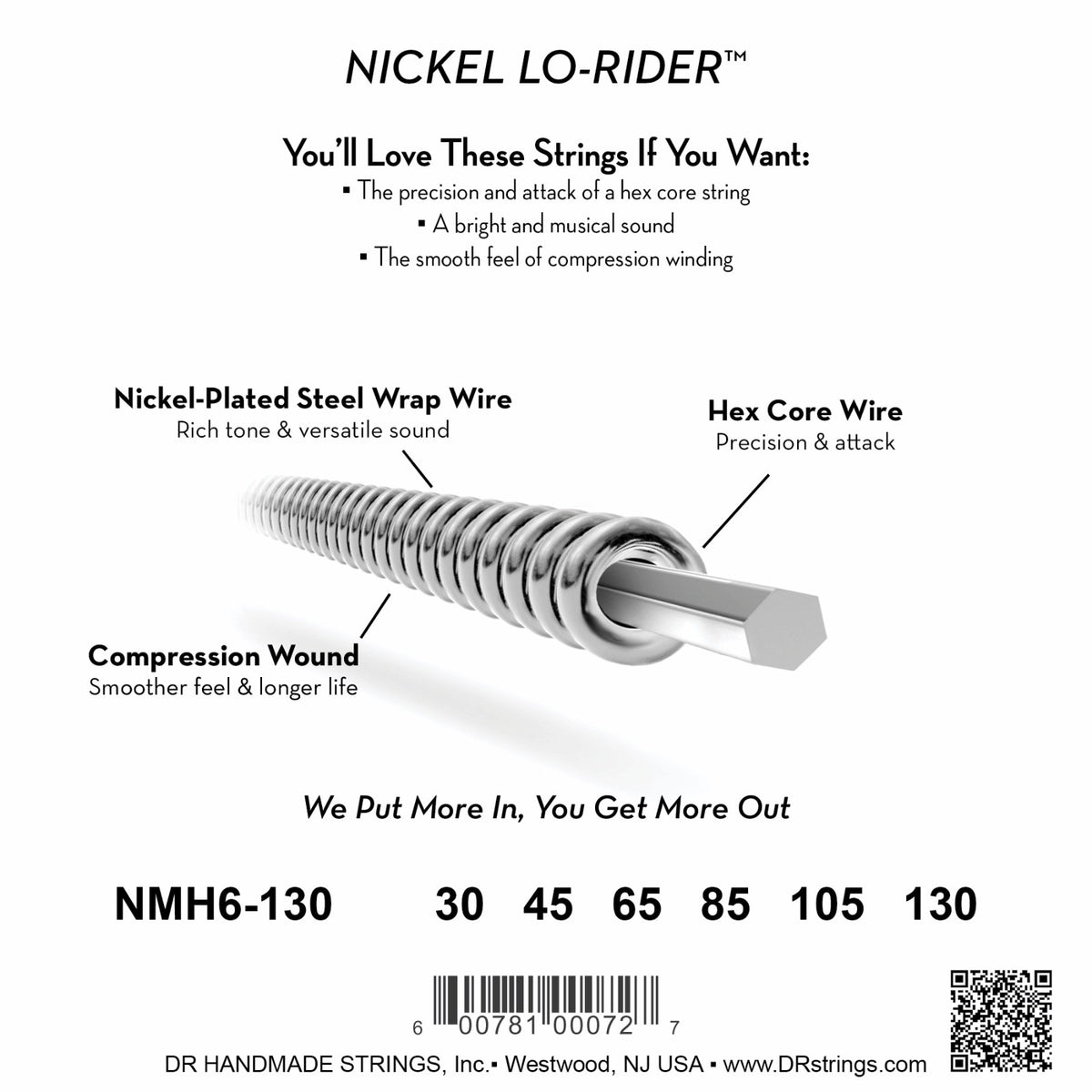 Mặt sau bao bì dây DR Nickel Lo-Rider NMH6-130: mã NMH6-130, cỡ từng dây, mã vạch, DR Handmade Strings Westwood NJ USA