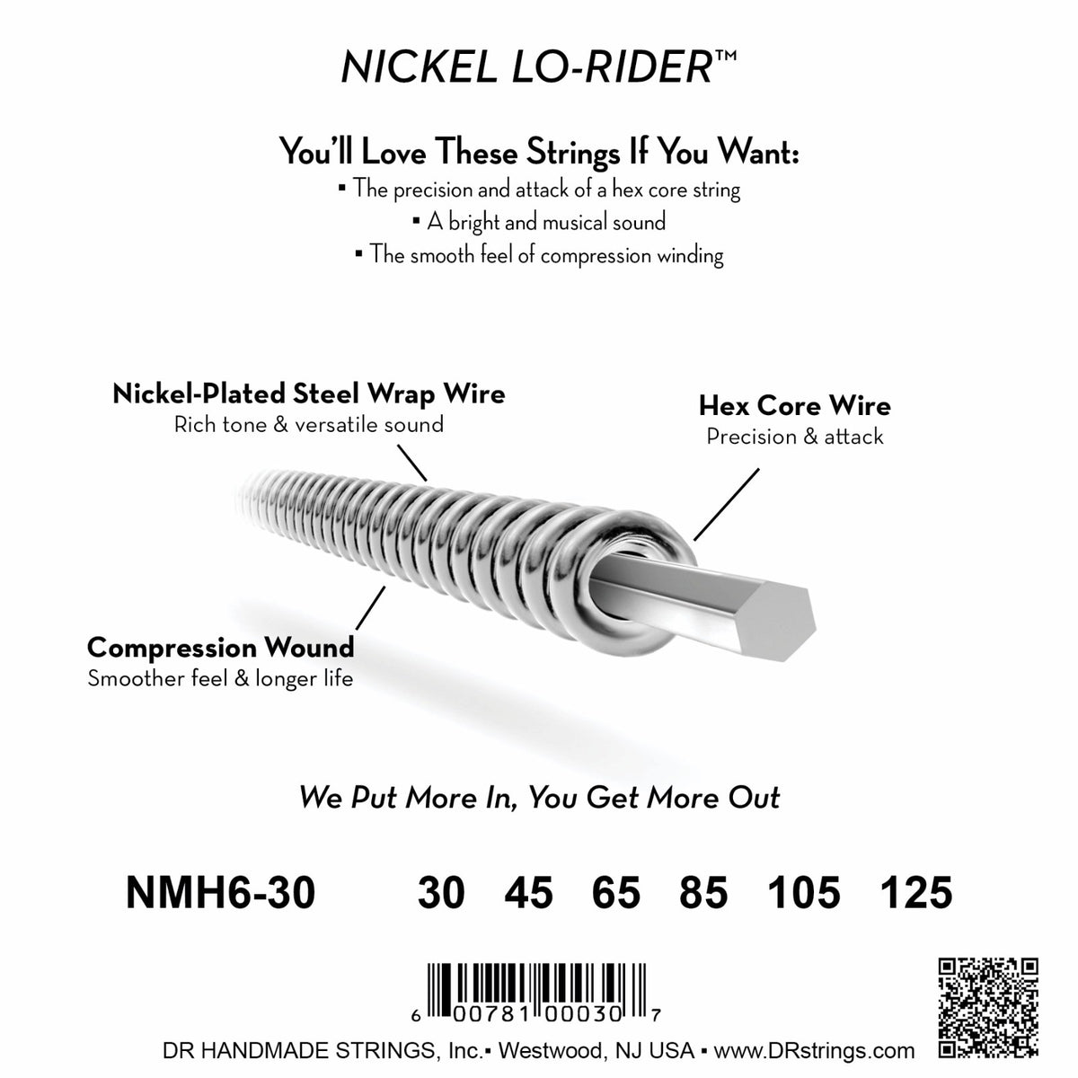 Mặt sau bao bì dây DR Nickel Lo-Rider NMH6-30: mã NMH6-30, cỡ từng dây, mã vạch, DR Handmade Strings Westwood NJ USA