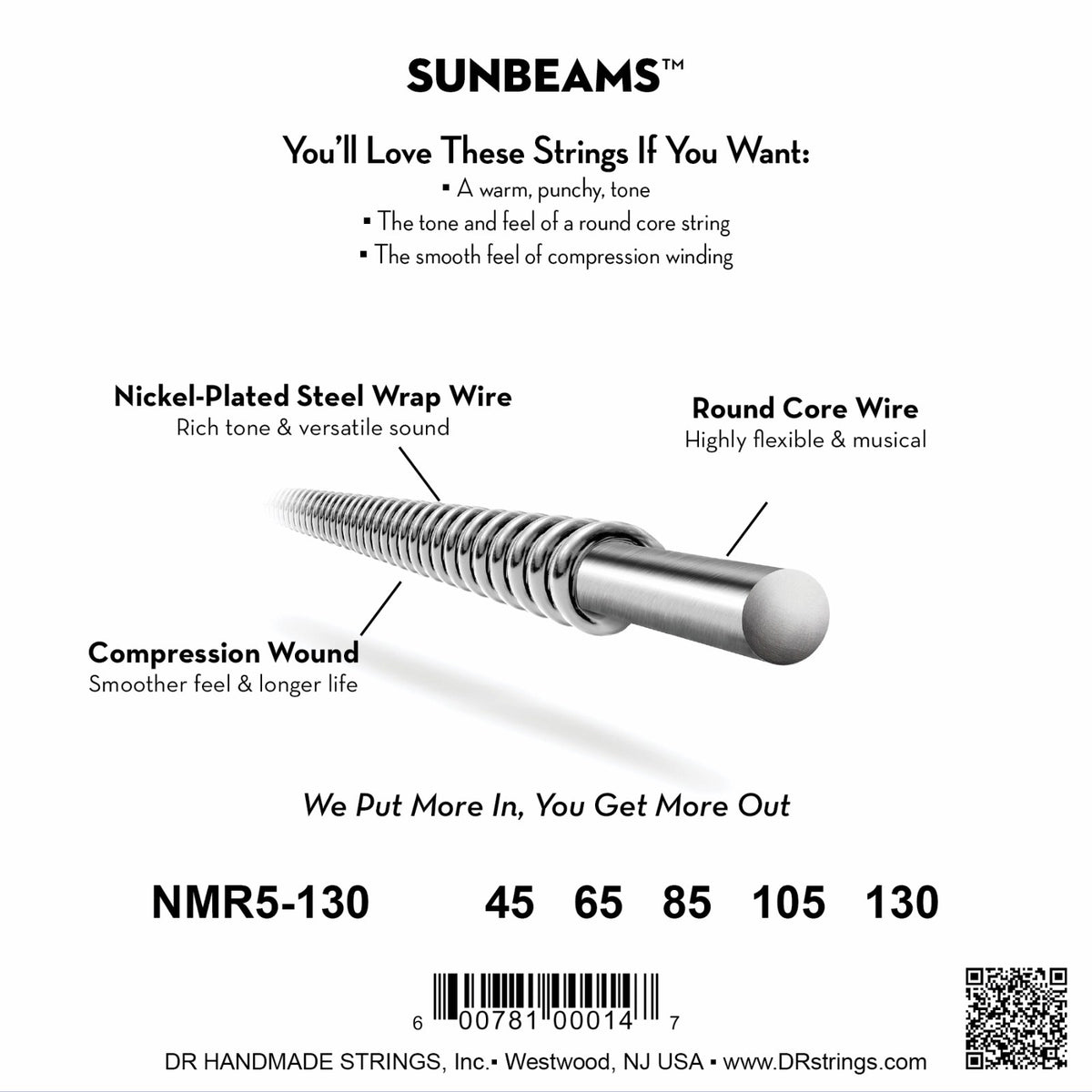 Mặt sau bao bì dây DR Sunbeam NMR5-130: mã NMR5-130, cỡ từng dây, mã vạch, DR Handmade Strings Westwood NJ USA