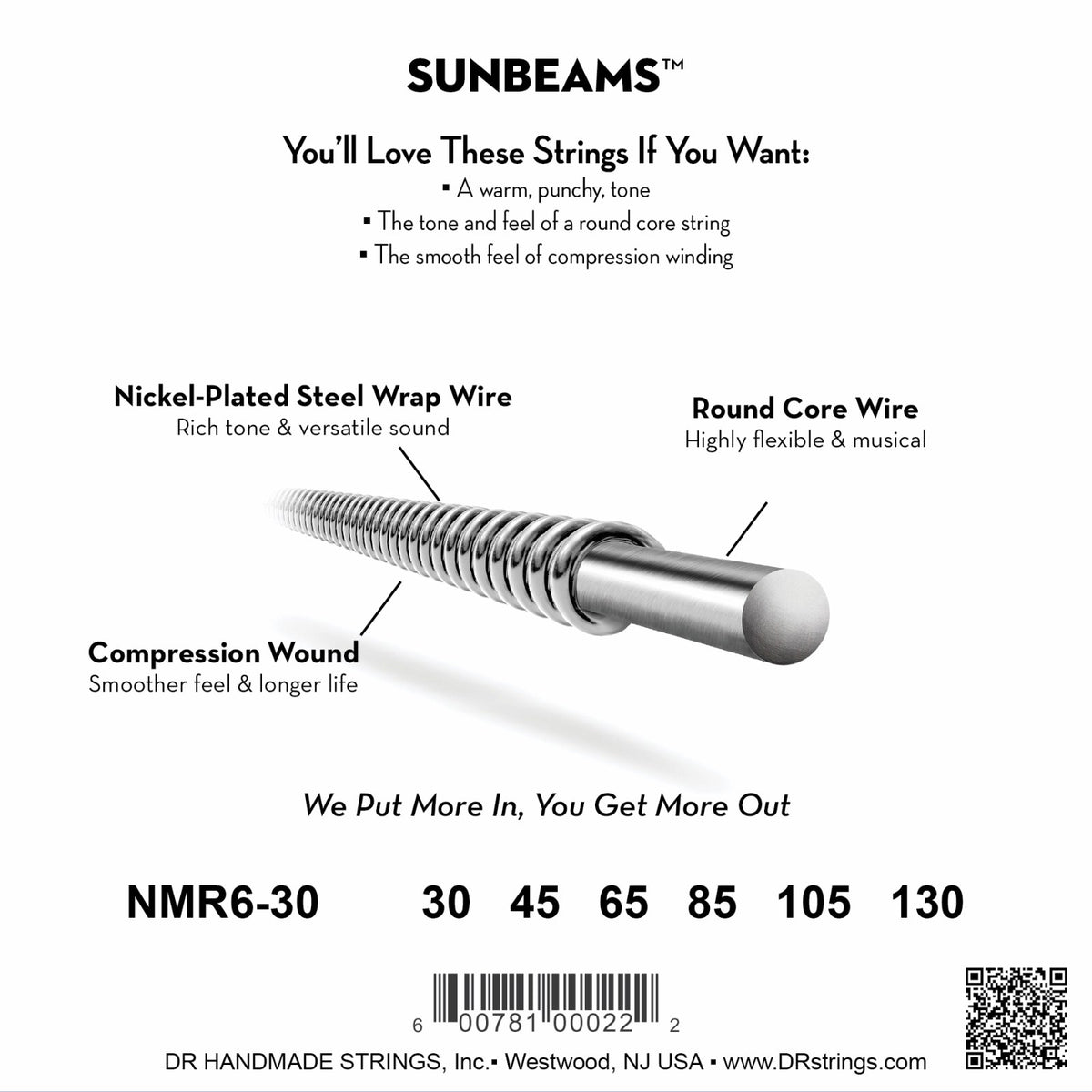 Mặt sau bao bì dây DR Sunbeam NMR6-130: mã NMR6-130, cỡ từng dây, mã vạch, DR Handmade Strings Westwood NJ USA