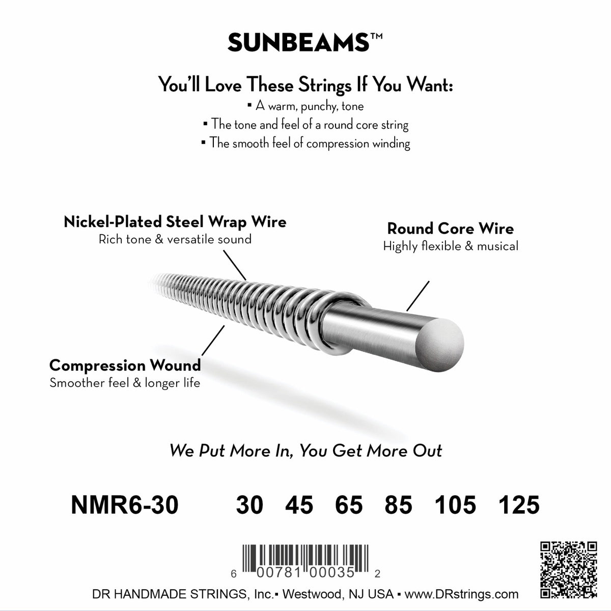 Mặt sau bao bì dây DR Sunbeam NMR6-30: mã NMR6-30, cỡ từng dây, mã vạch, DR Handmade Strings Westwood NJ USA