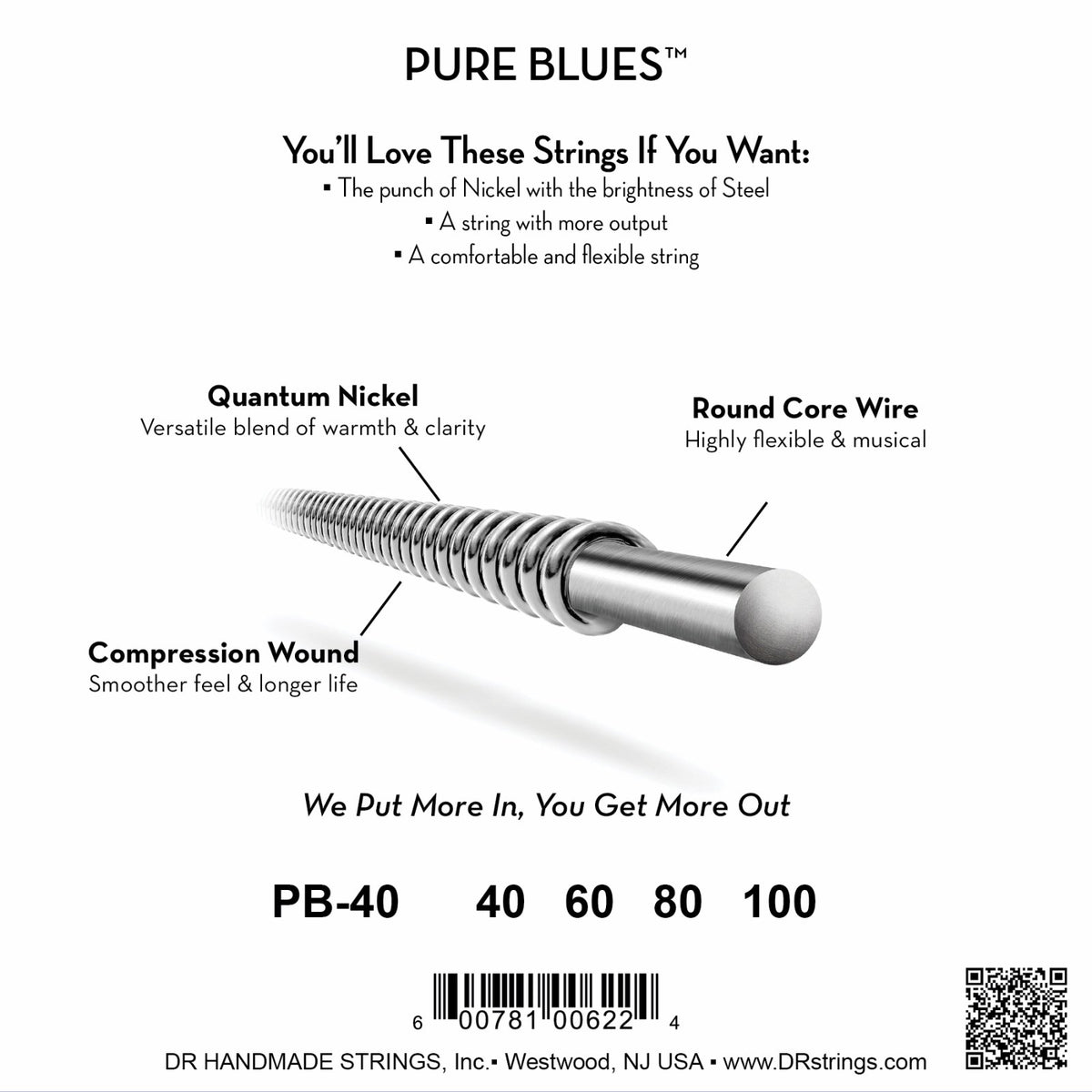 Mặt sau bao bì dây DR Pure Blues PB-40: mã PB-40, cỡ từng dây, mã vạch, DR Handmade Strings Westwood NJ USA